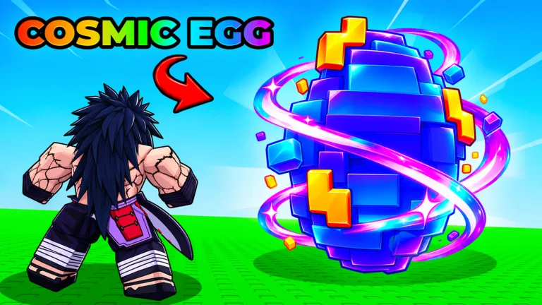 Cosmic Egg labeled Roblox promo with a block-built glowing blue egg and pink energy rings on green Steal Anime Eggs terrain